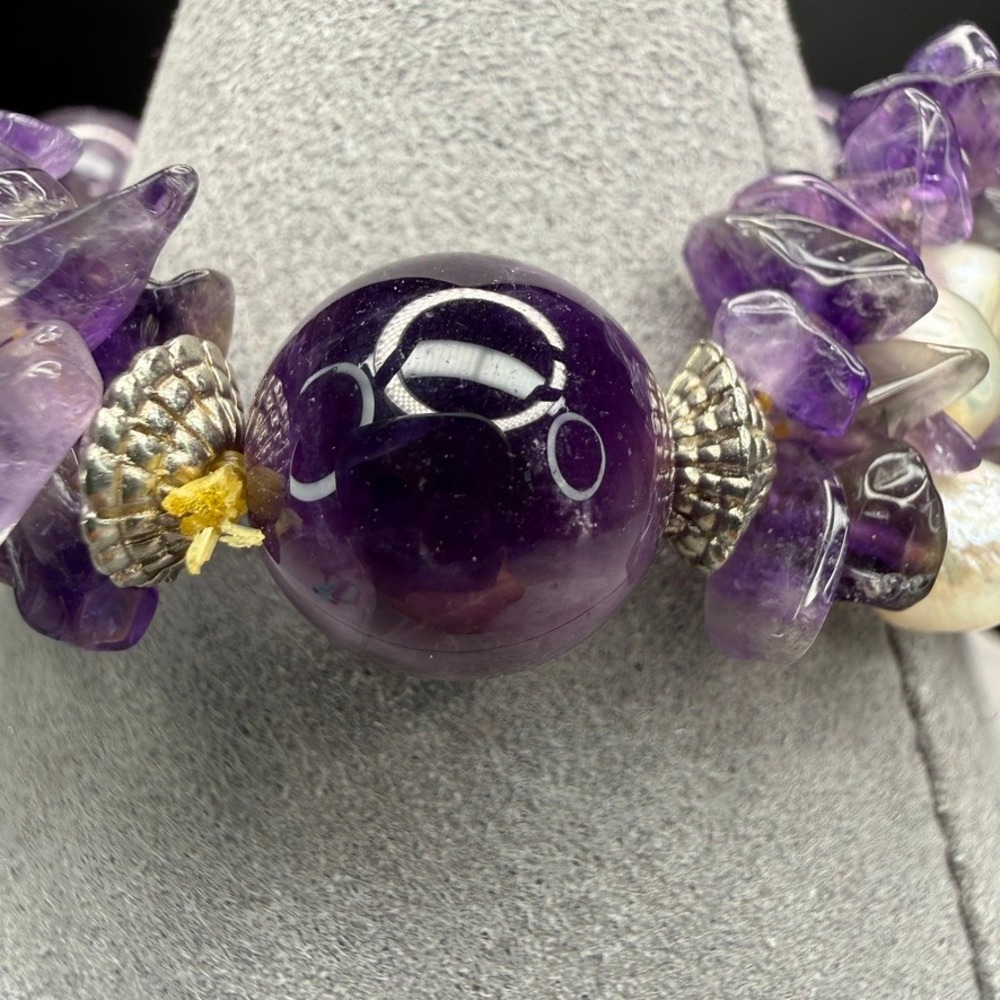 Amethyst Bead Bracelet Purple Chips White Pearls Silver Tone Boho Eclectic 6.5"